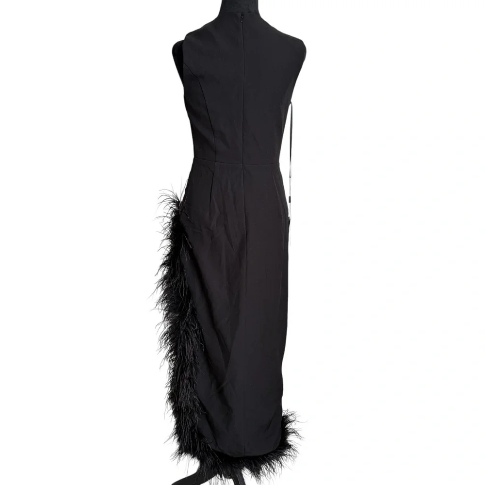 Mac Duggal Black Feather Trim Asymmetrical Maxi Dress Size 4 NWT - Picture 6 of 7